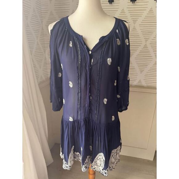 Miss June Sheer Women’s Small Navy Blue & White Embroidered Sheer Mini Dress - Picture 1 of 6